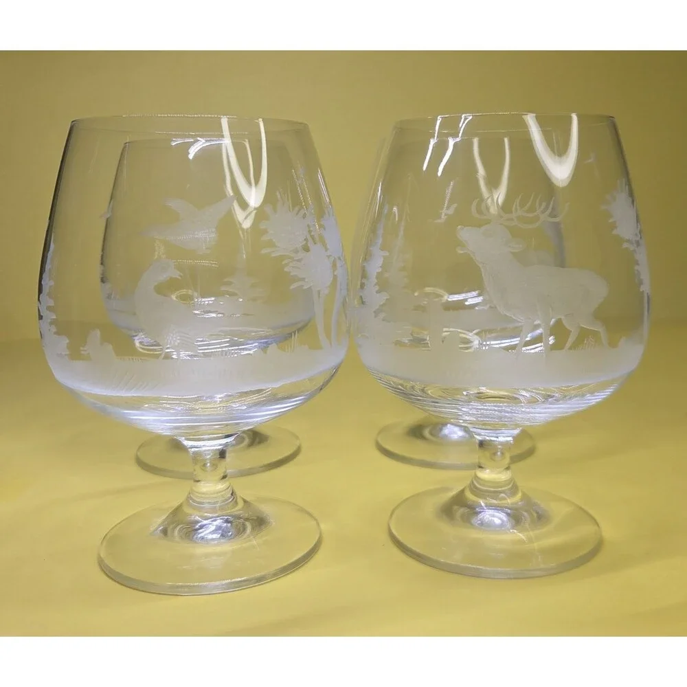 Set Of 4 Brandy Snifters Etched Animals Birds Cognac Glasses Wildlife Glasses 6